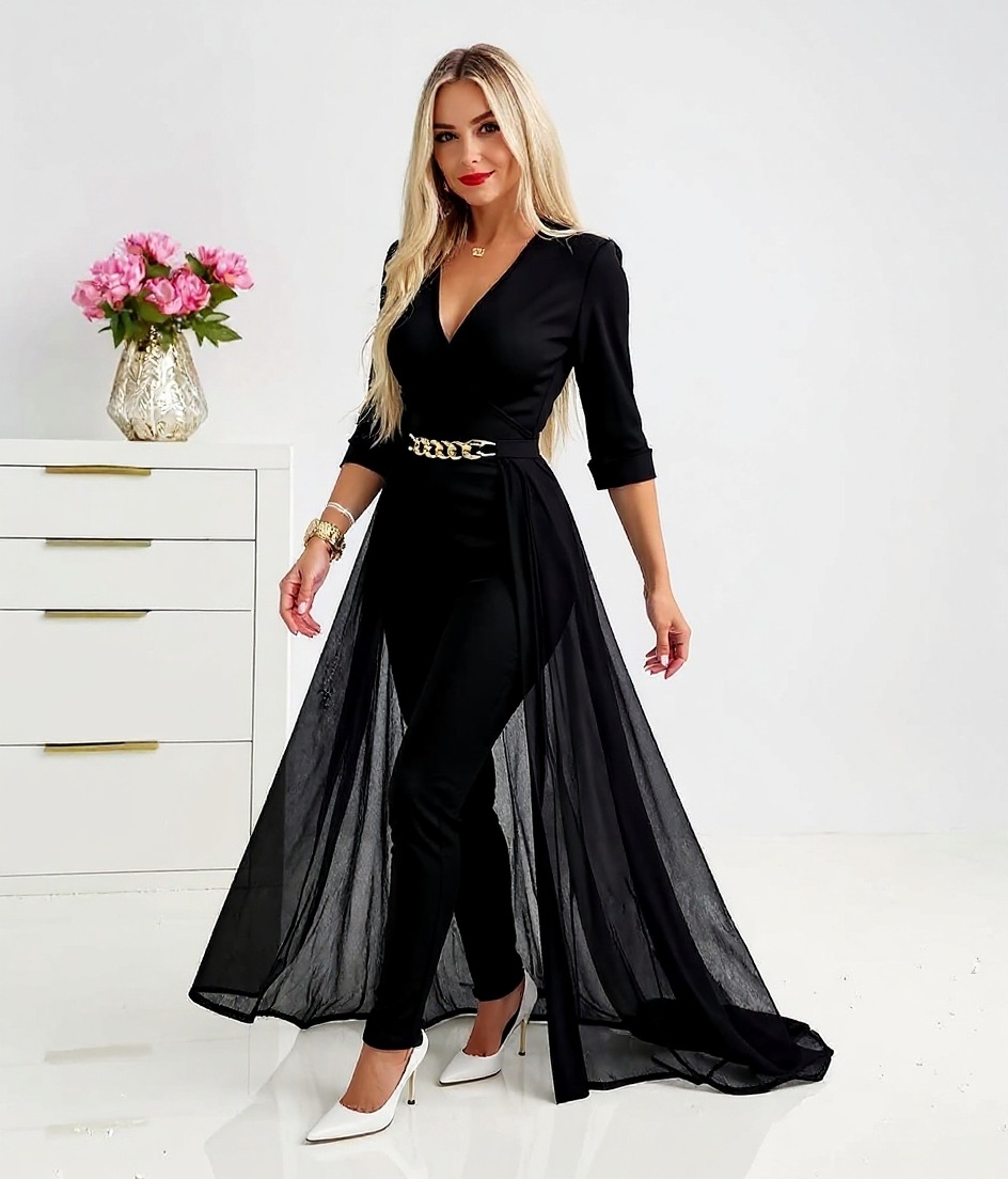 Women's Black Deep V-Neck 3/4 Sleeve Jumpsuit with Chain Belt and Chiffon Overlay