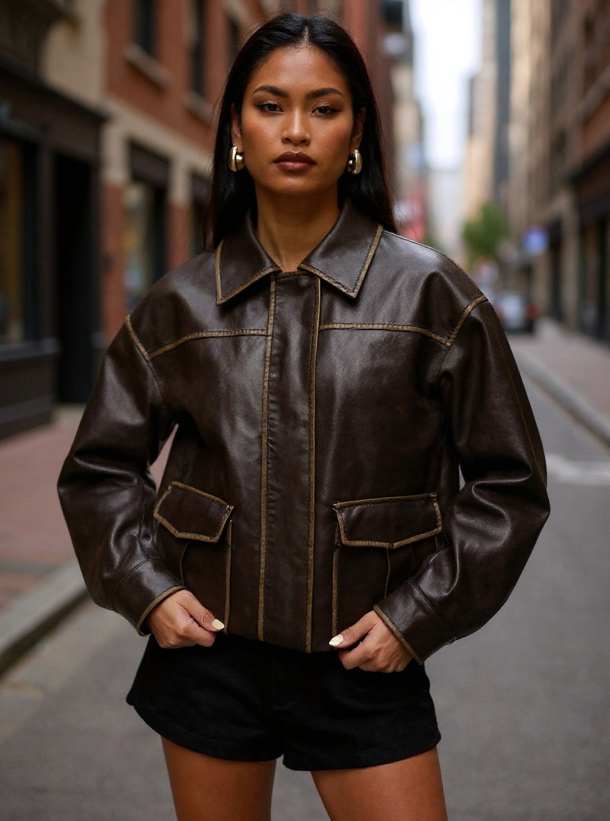 Woman's Vintage Workwear-Style Leather Classic Collar Contrast-Stitch Cropped Jacket