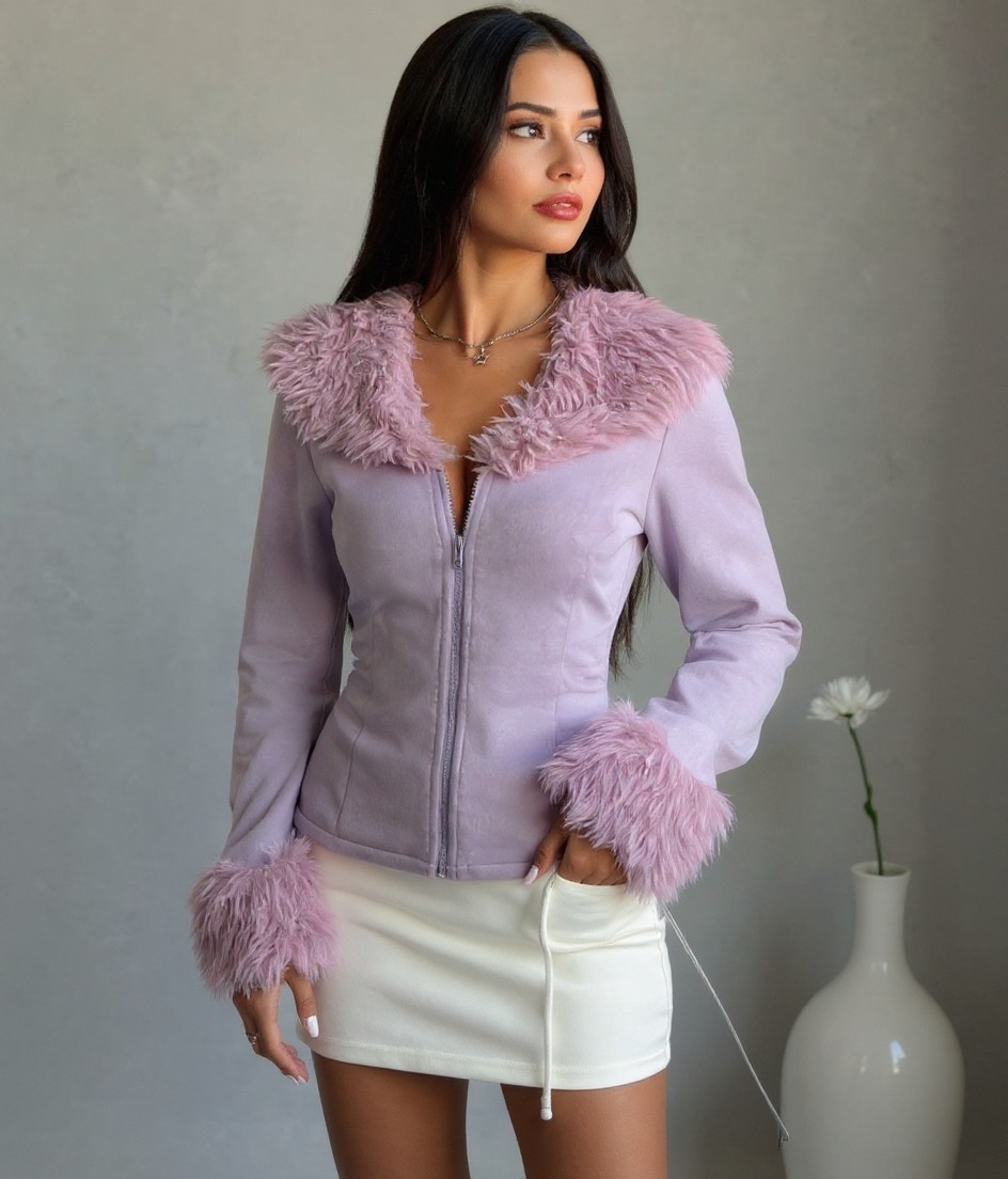 Women's Lavender Fitted Jacket with Fuzzy Fur Collar, Cuffs & Front Zip