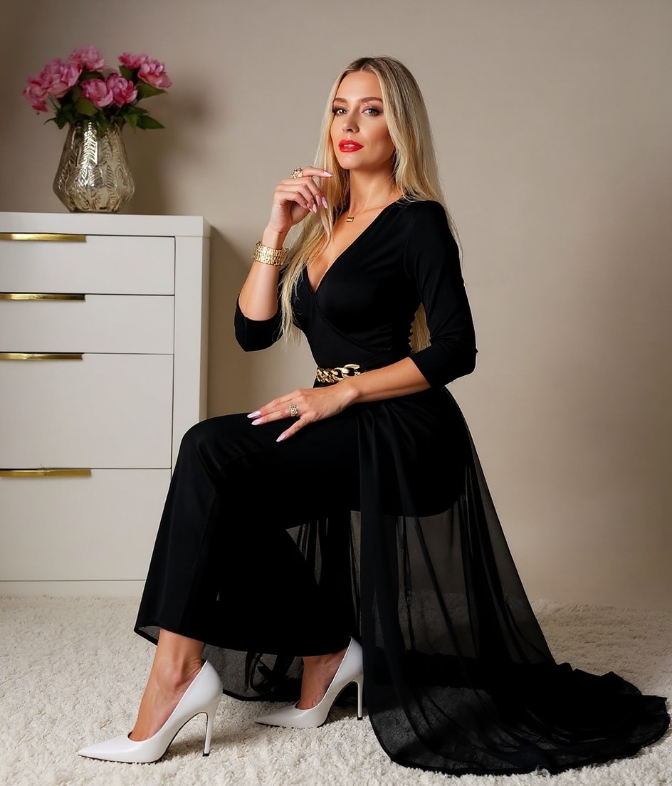 Women's Black Deep V-Neck 3/4 Sleeve Jumpsuit with Chain Belt and Chiffon Overlay