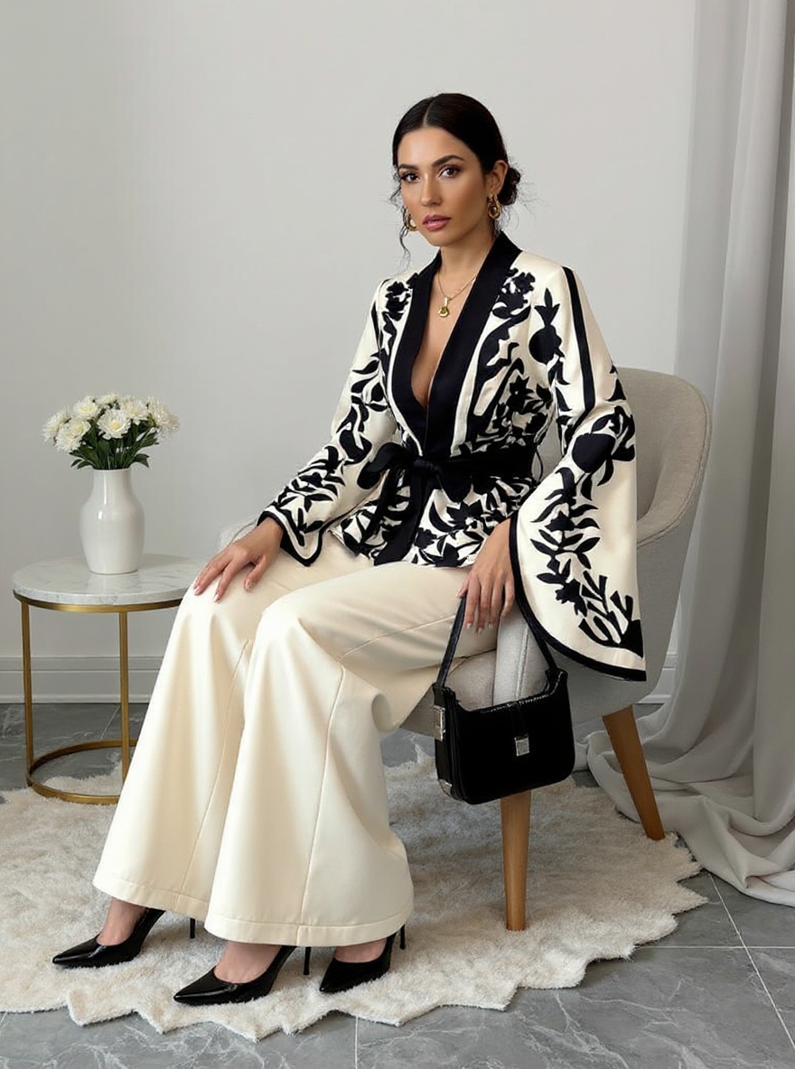 Women's Black and White Floral Print Belted Kimono-Style Blouse