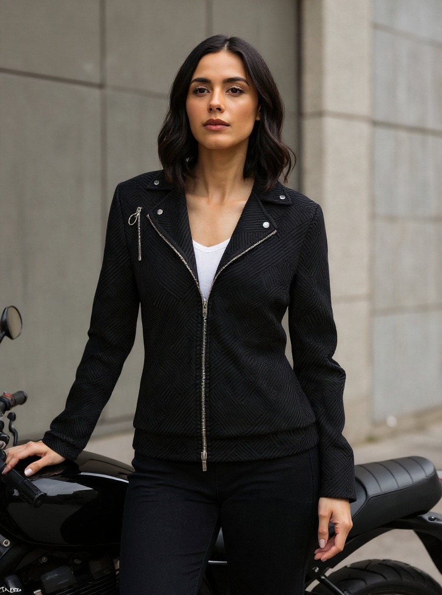Black Textured Biker Jacket with Metallic Zippers & Edgy Details