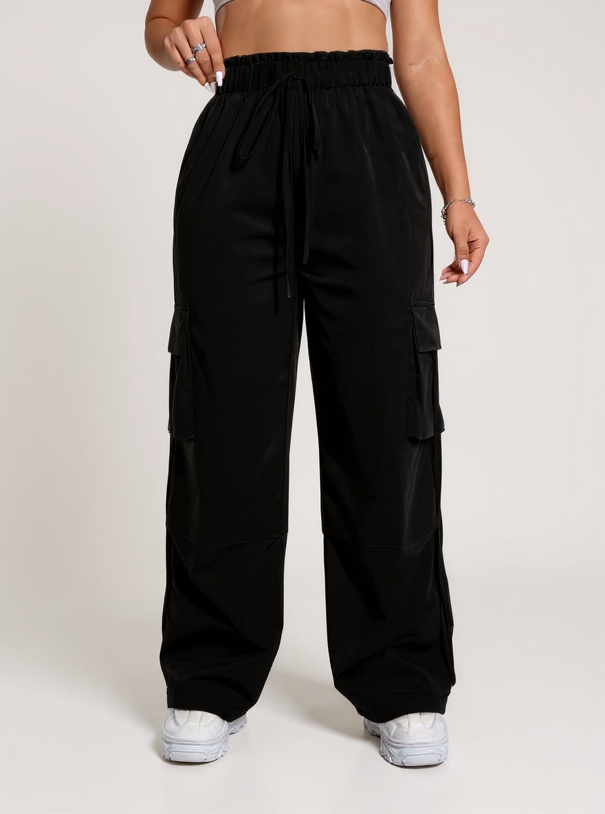 Women's Black High-Waisted Drawstring Cargo Pants
