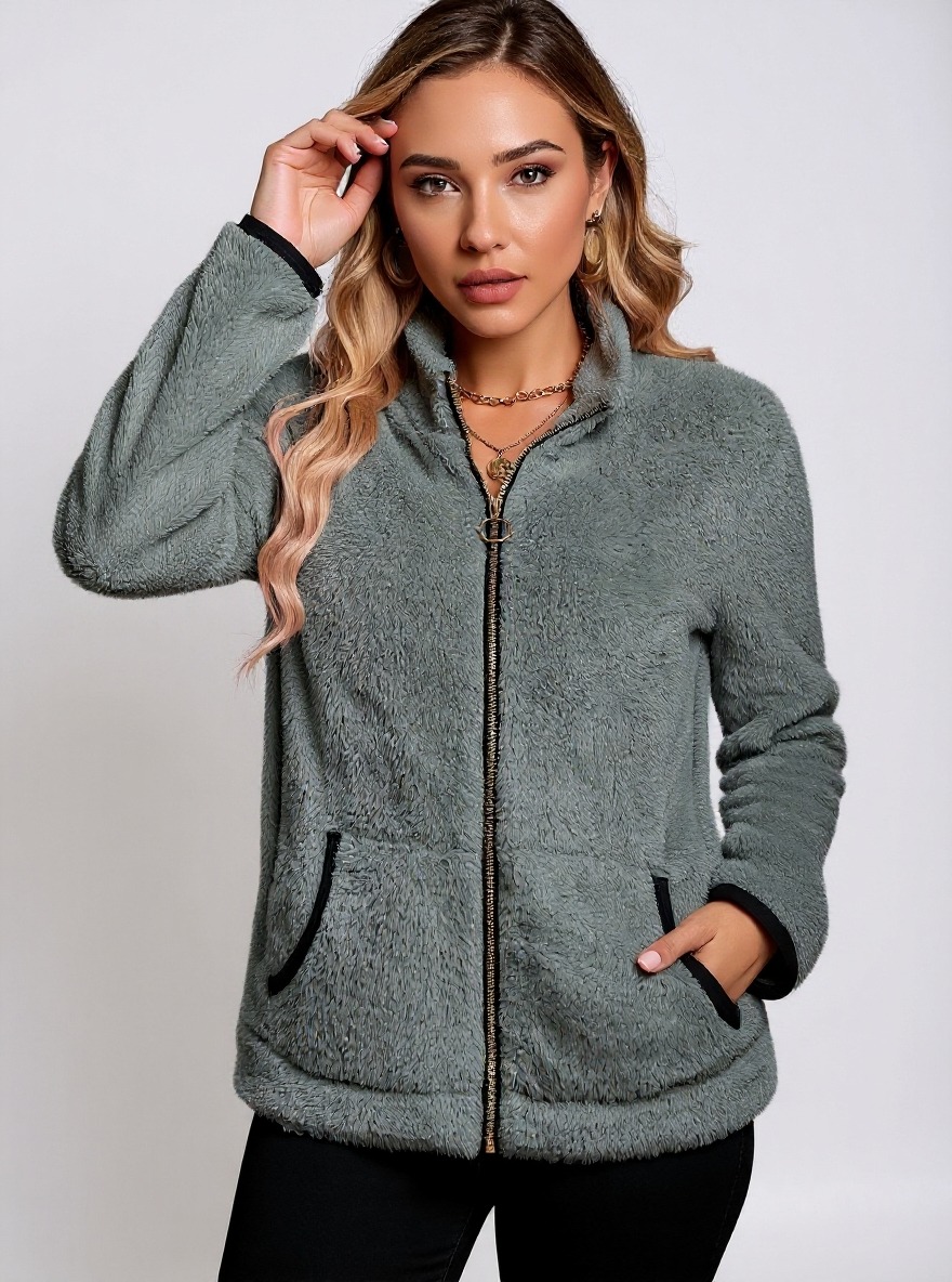 Women's Gray Fuzzy Zip-Up Jacket with Pockets