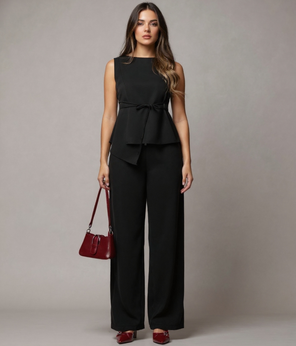 Women's Black Sleeveless Peplum Top and Wide-Leg Pants Set