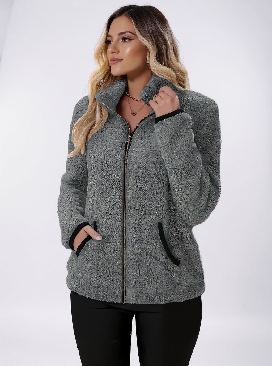 Women's Gray Fuzzy Zip-Up Jacket with Pockets
