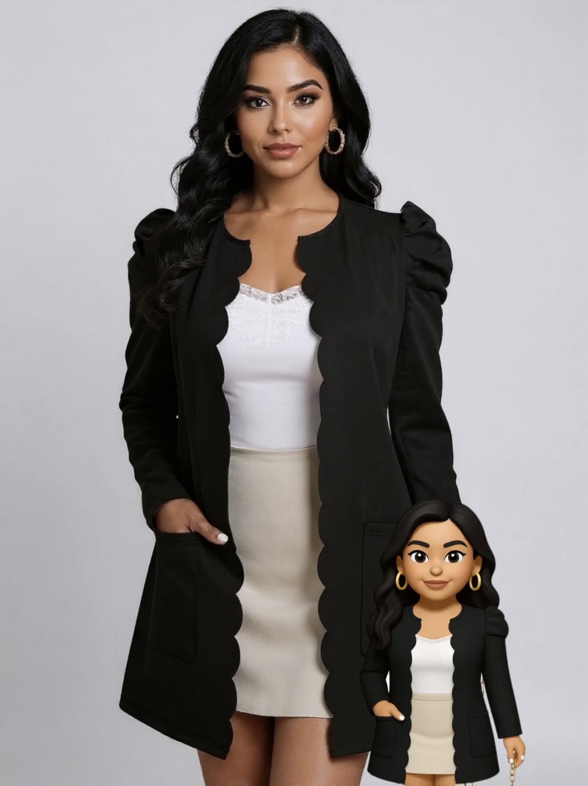 Black Scallop Edge Puff Shoulder Open Front Coat