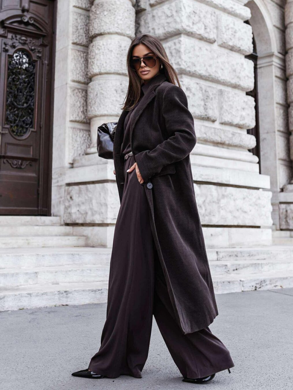 Woman's Dark Brown Corduroy Longline Coat