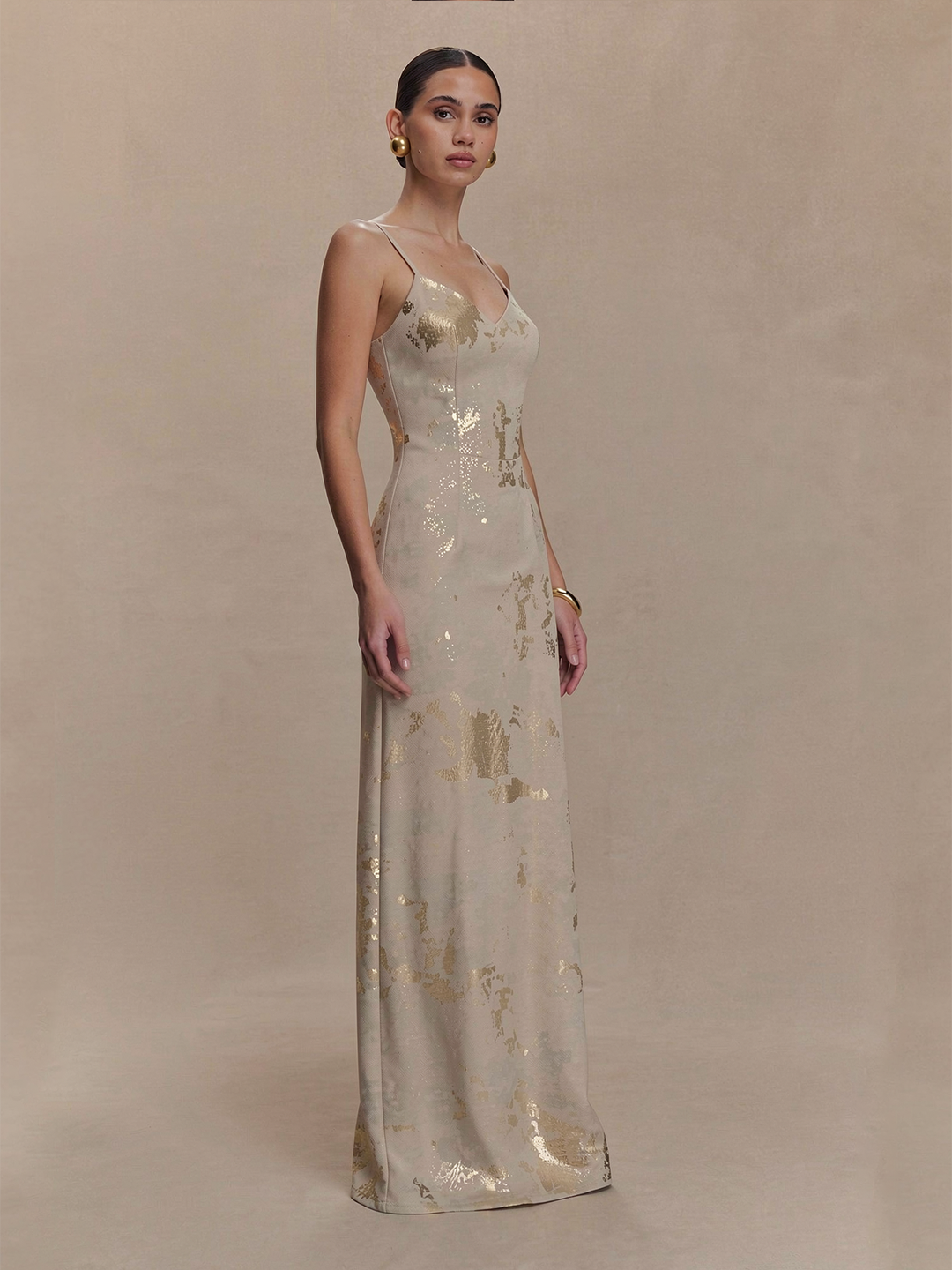 Backless 3D Rose Gold Foil Maxi Dress