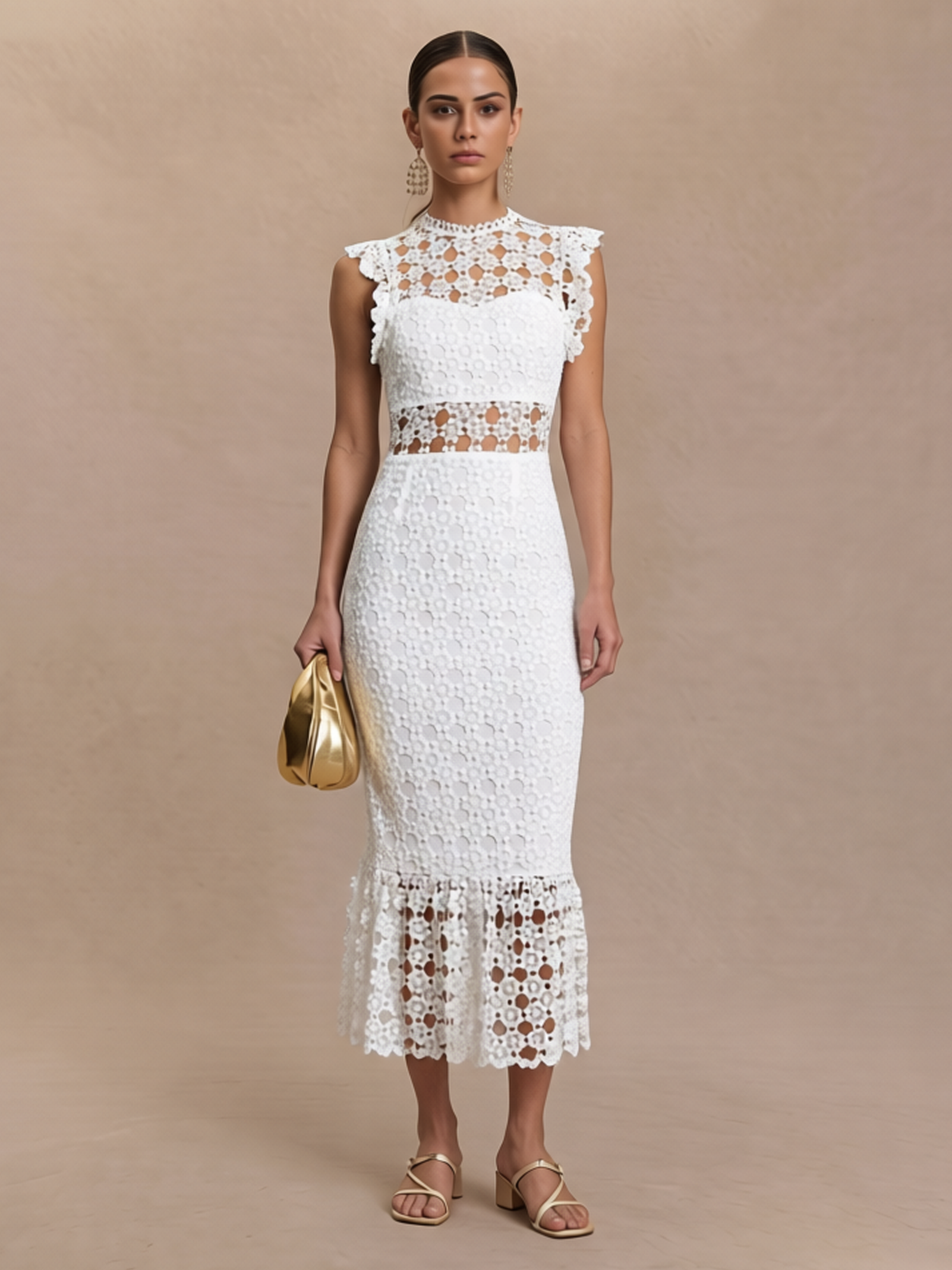 Elegant Lace Rround Neckline Ruffle Hemline Midi Dress