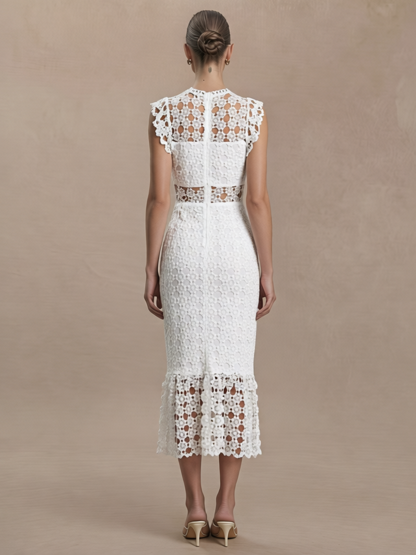 Elegant Lace Rround Neckline Ruffle Hemline Midi Dress