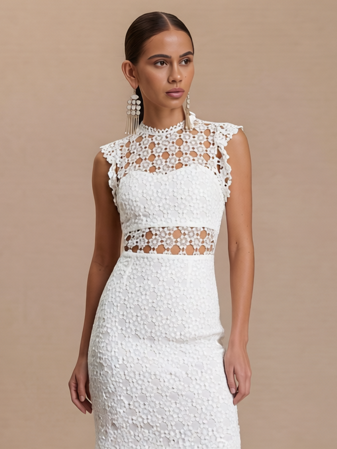 Elegant Lace Rround Neckline Ruffle Hemline Midi Dress