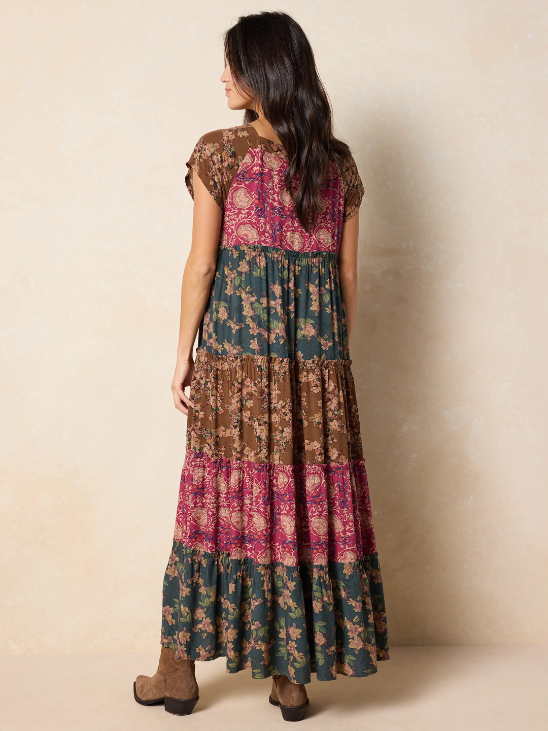 Mauve India Vines Boho Floral Patchwork Tiered Maxi Dress
