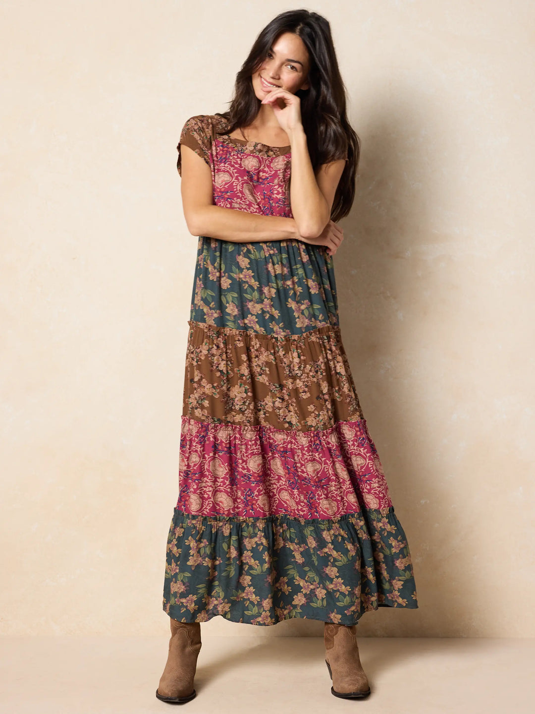 Mauve India Vines Boho Floral Patchwork Tiered Maxi Dress
