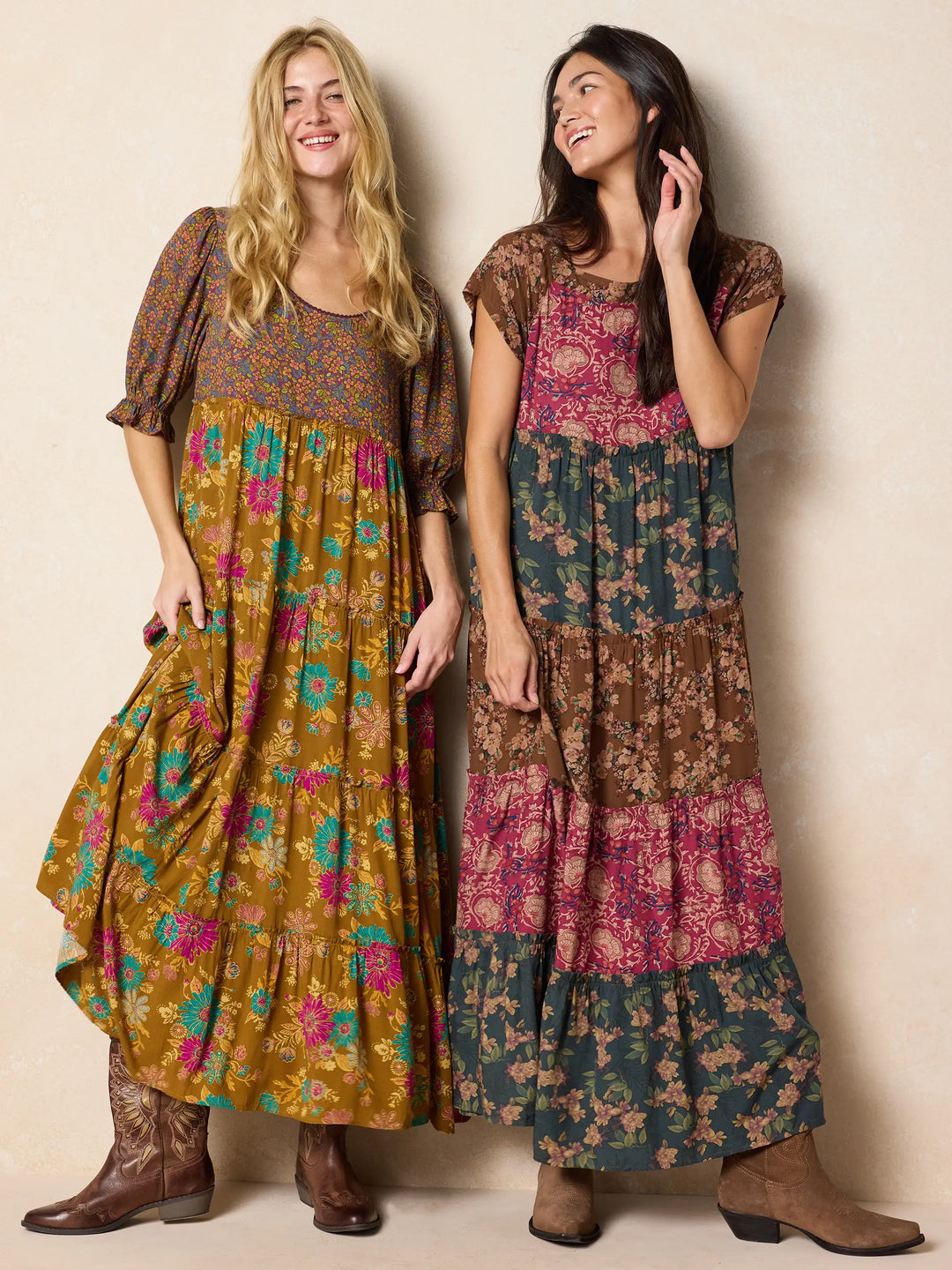 Mauve India Vines Boho Floral Patchwork Tiered Maxi Dress