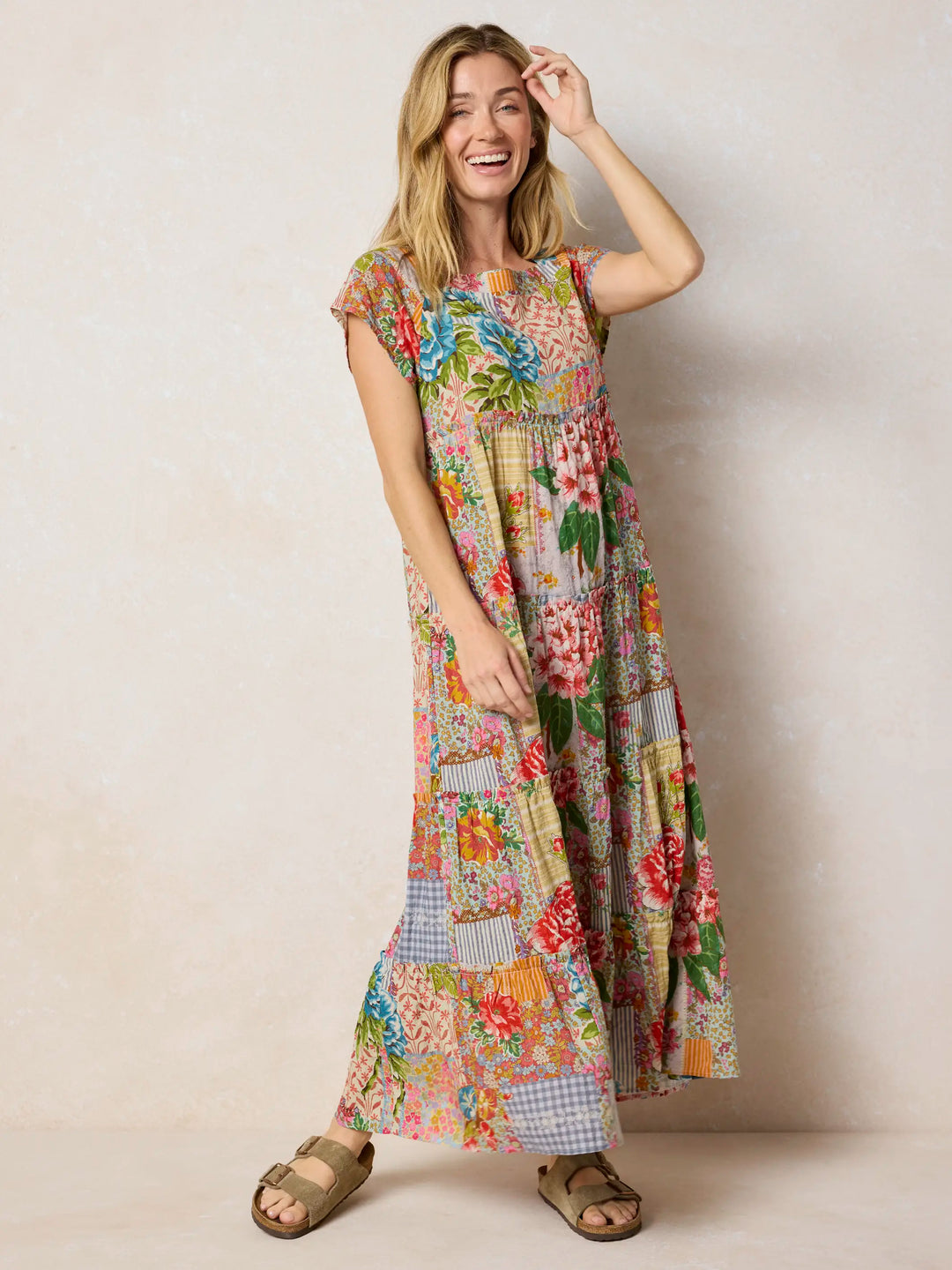Vintage Treasure Pink Boho Floral Patchwork Tiered Maxi Dress
