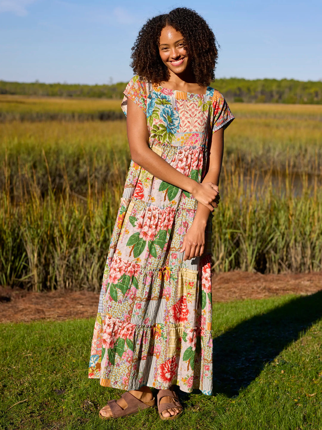 Vintage Treasure Pink Boho Floral Patchwork Tiered Maxi Dress
