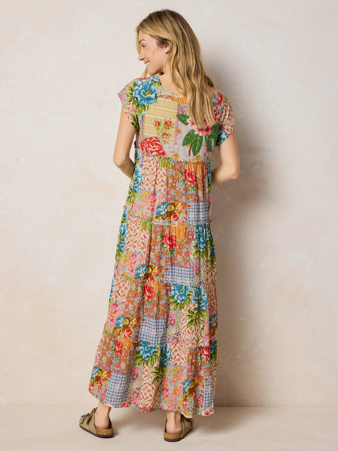 Vintage Treasure Pink Boho Floral Patchwork Tiered Maxi Dress