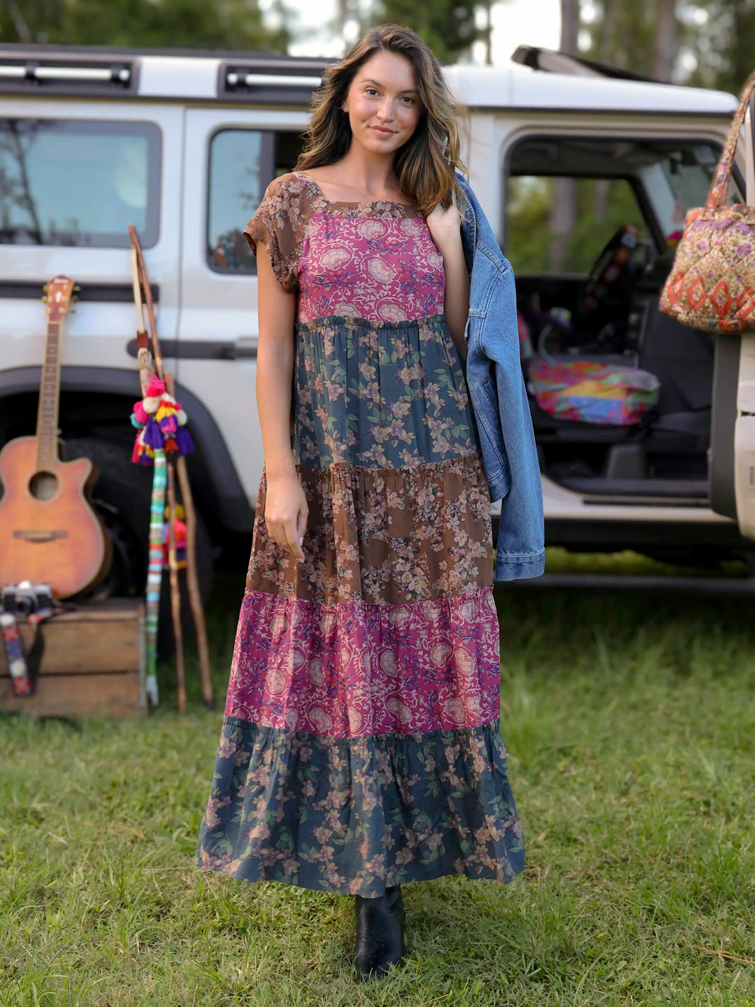Mauve India Vines Boho Floral Patchwork Tiered Maxi Dress