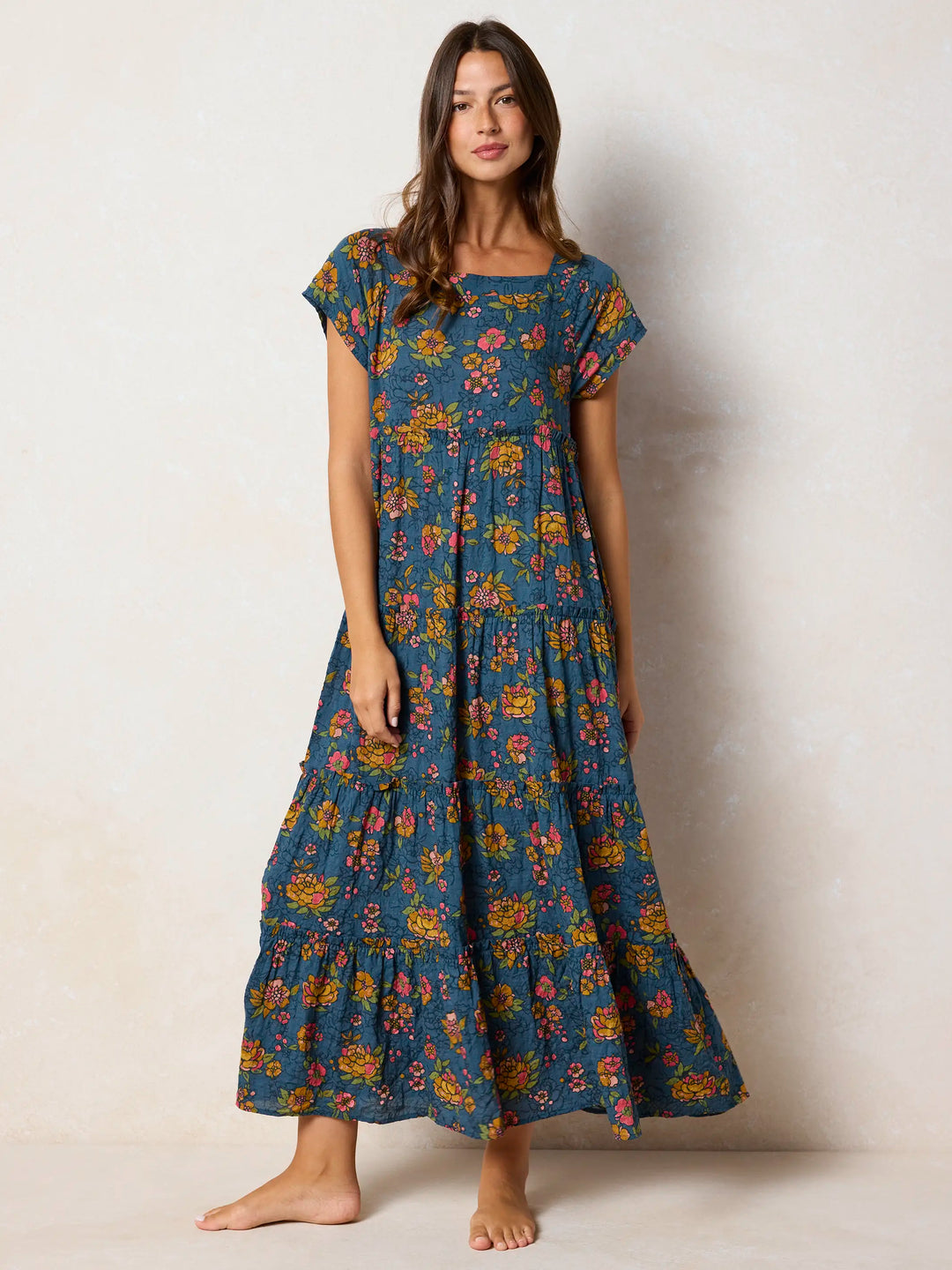 Riviera Batik Blue Boho Floral Patchwork Tiered Maxi Dress