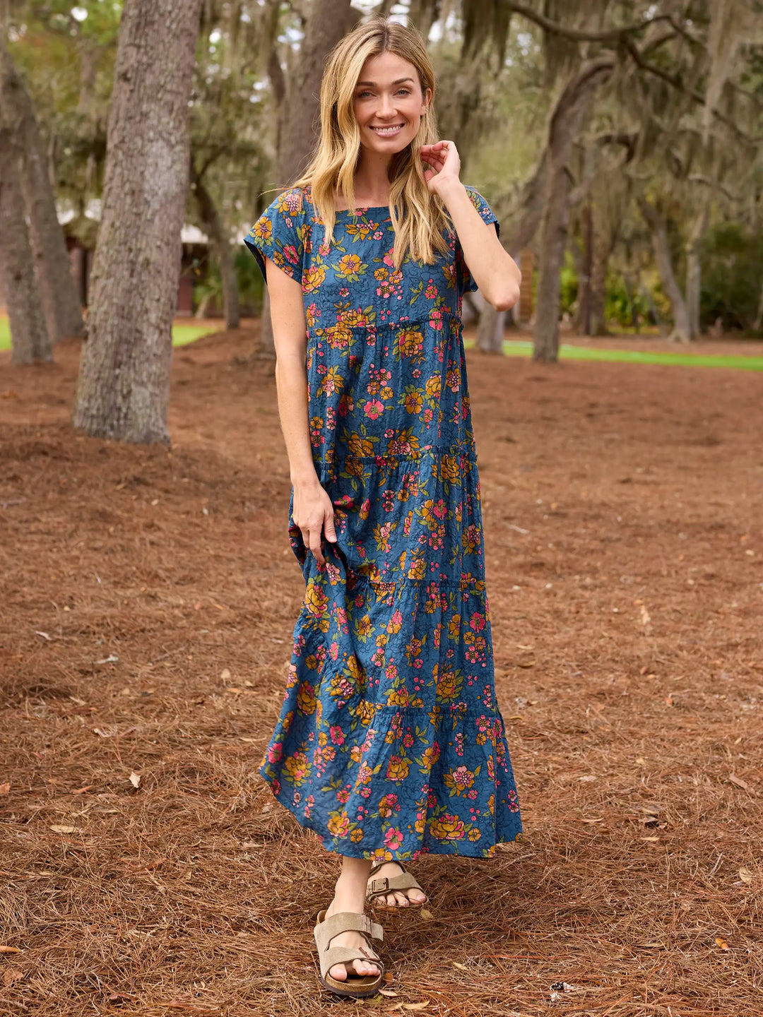 Riviera Batik Blue Boho Floral Patchwork Tiered Maxi Dress