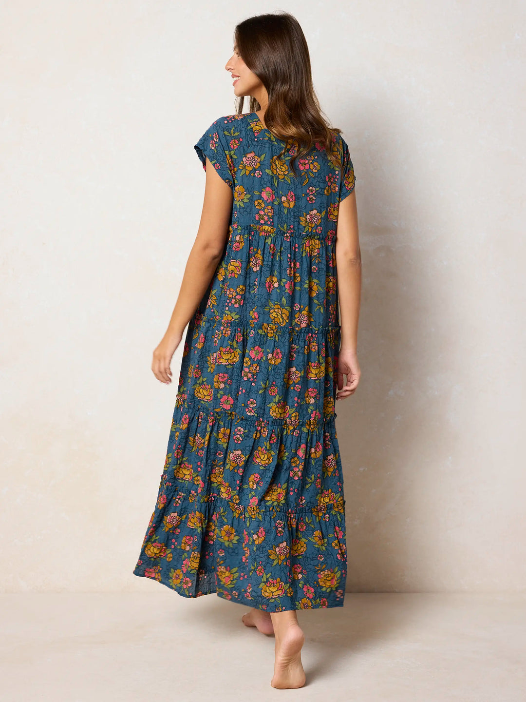 Riviera Batik Blue Boho Floral Patchwork Tiered Maxi Dress