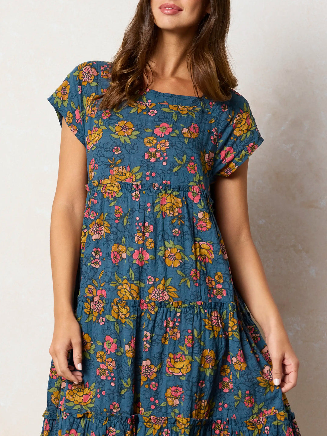 Riviera Batik Blue Boho Floral Patchwork Tiered Maxi Dress