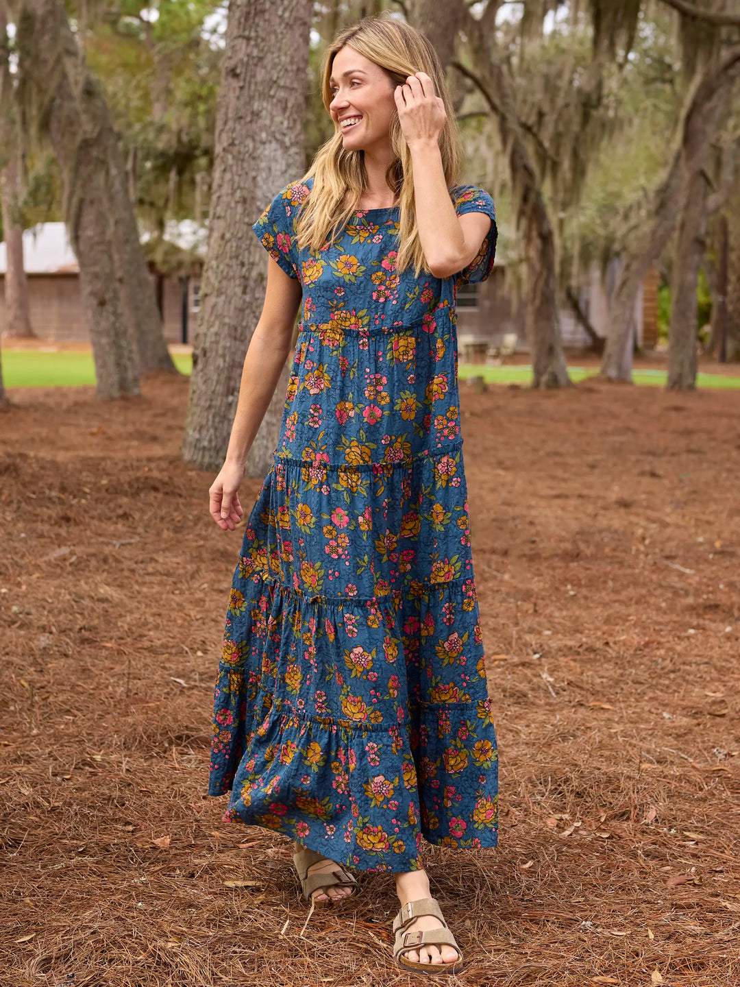 Riviera Batik Blue Boho Floral Patchwork Tiered Maxi Dress