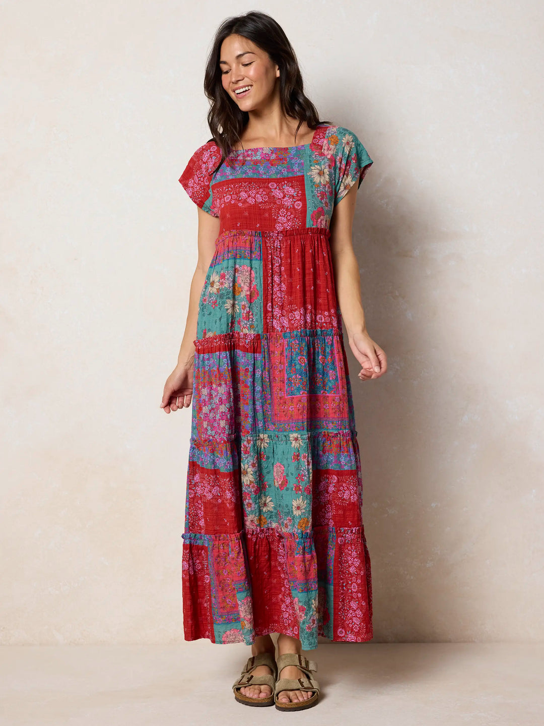 Jewel Positano Scarf Boho Floral Patchwork Tiered Maxi Dress