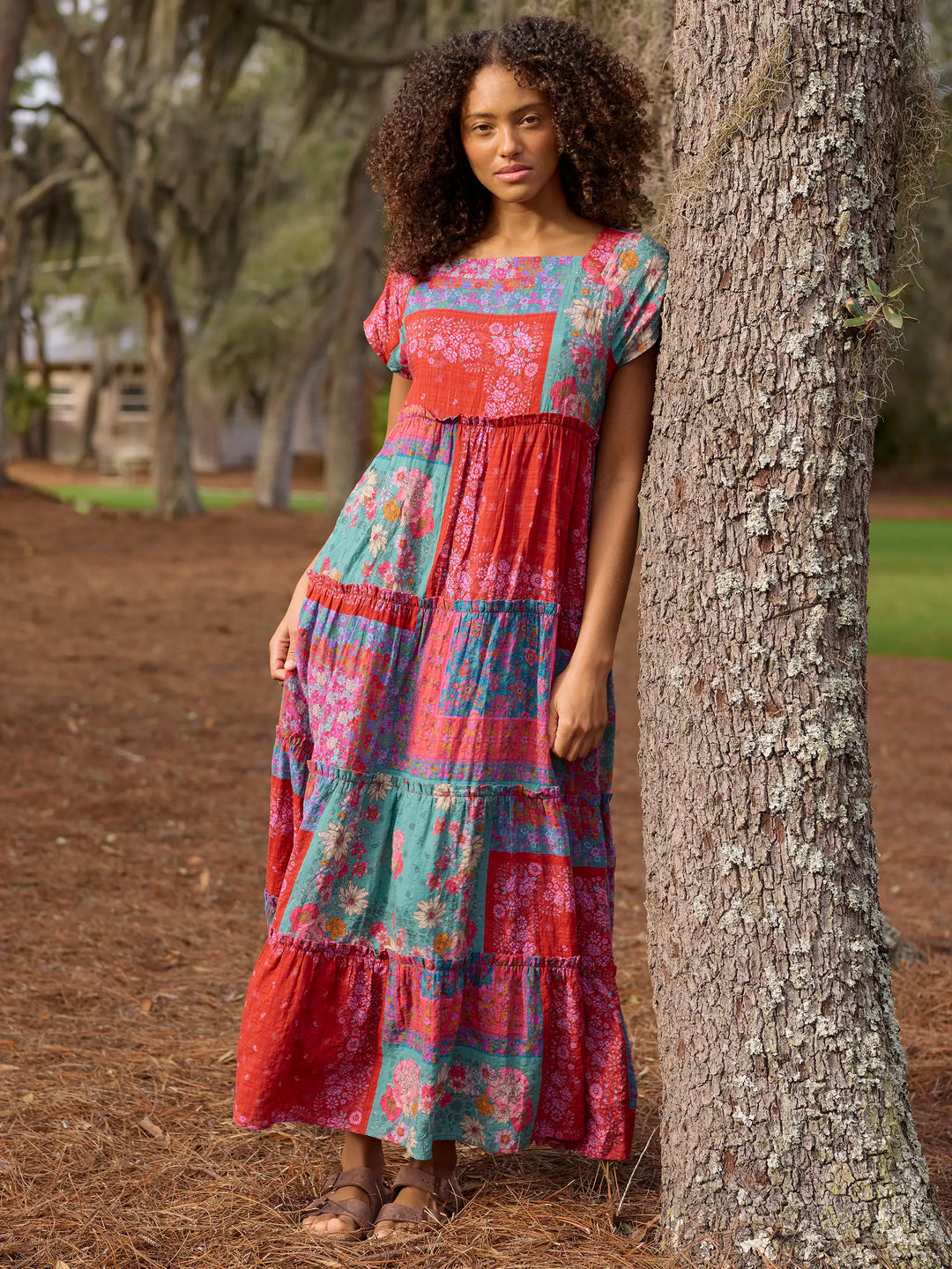 Jewel Positano Scarf Boho Floral Patchwork Tiered Maxi Dress