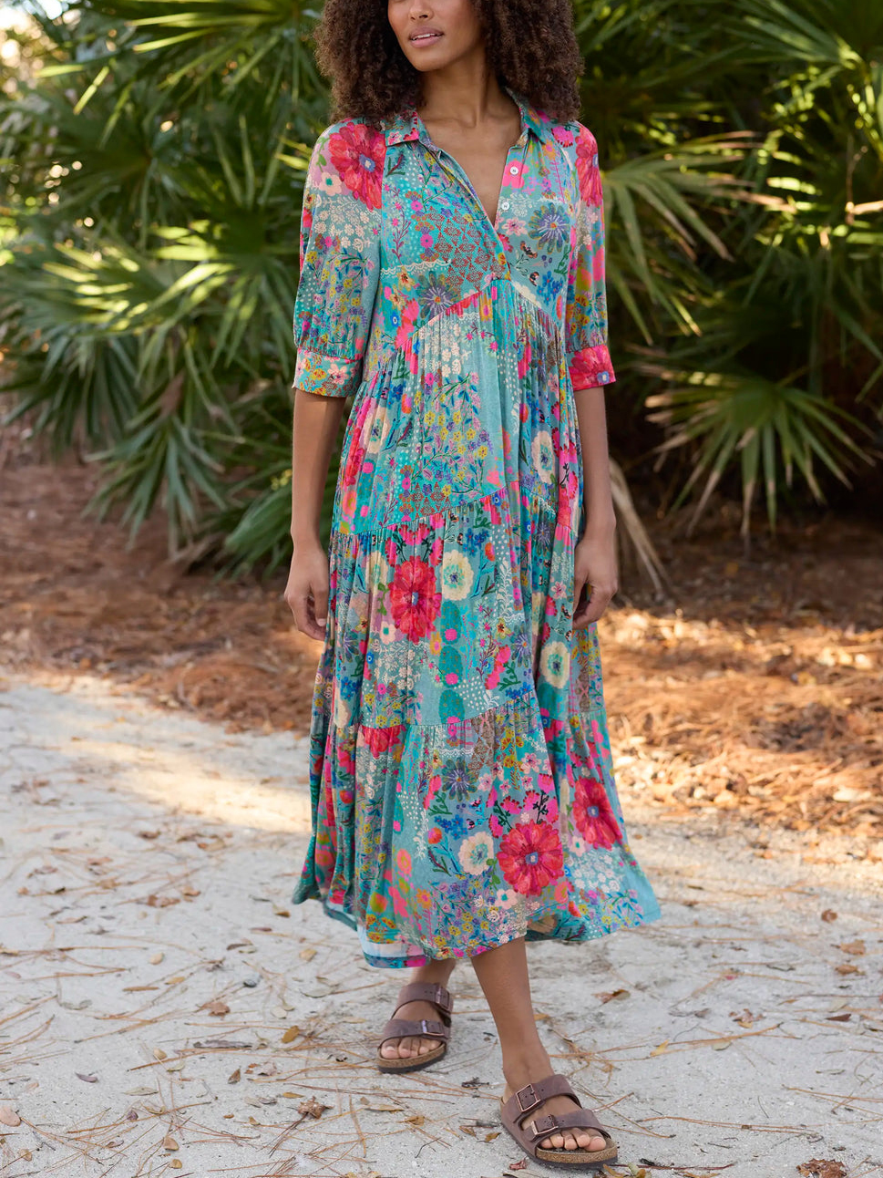 Blue Garden Patchwork Boho Floral Patchwork Tiered Maxi Dress