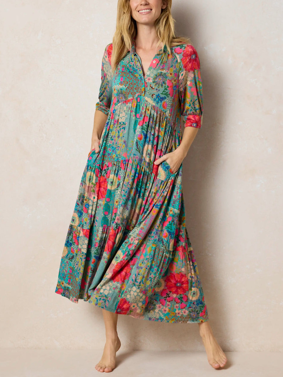 Blue Garden Patchwork Boho Floral Patchwork Tiered Maxi Dress