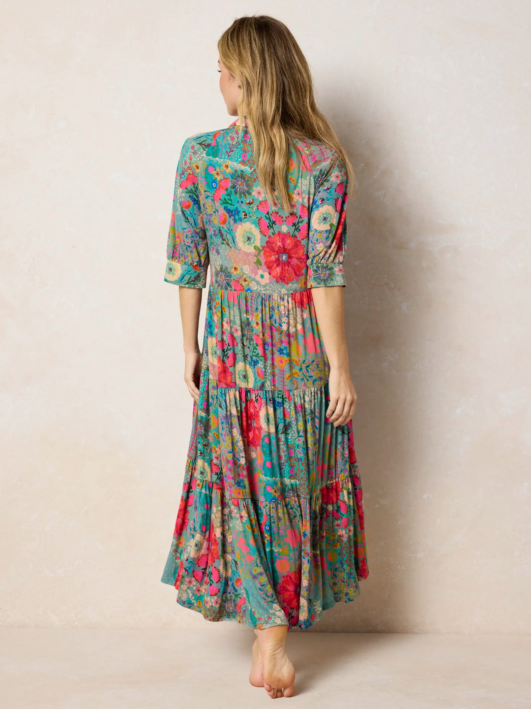 Blue Garden Patchwork Boho Floral Patchwork Tiered Maxi Dress
