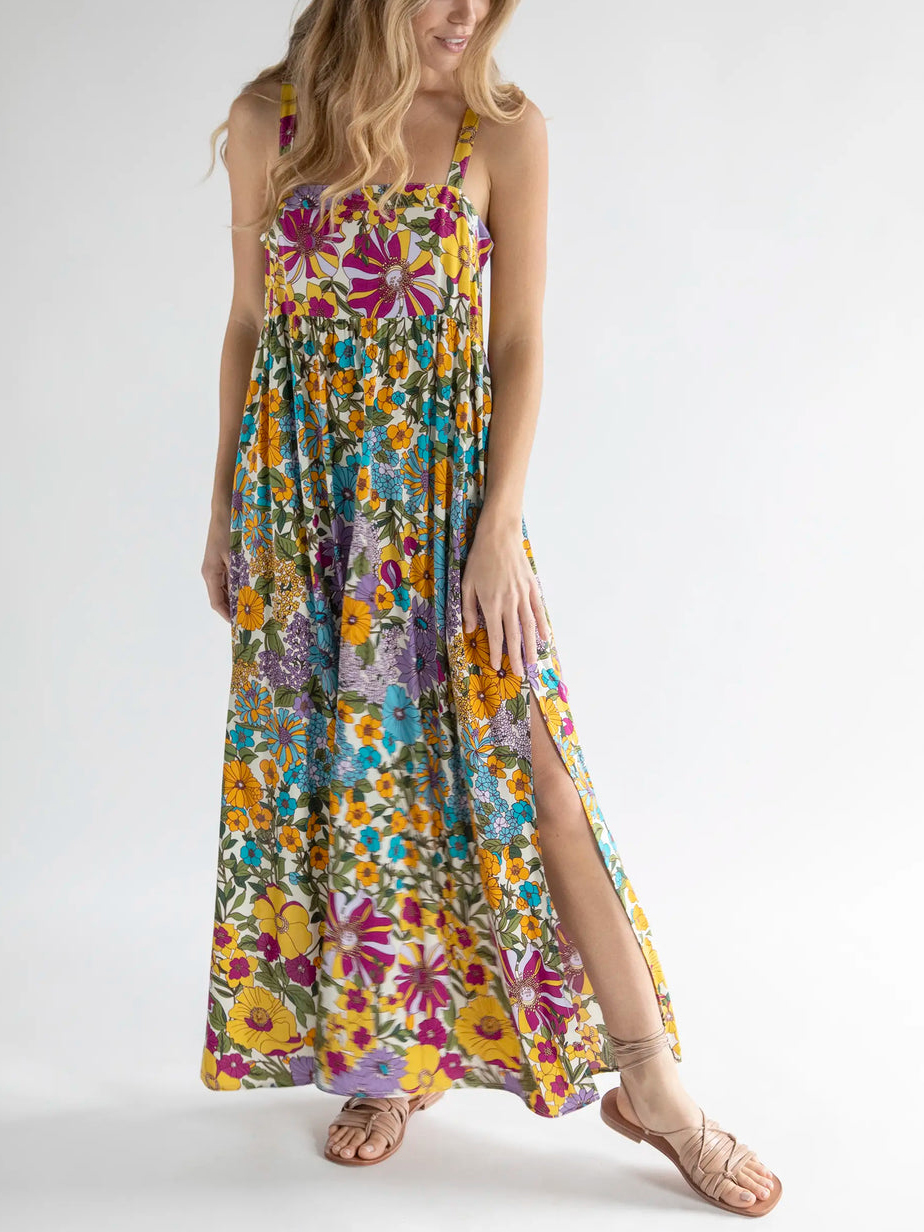Floral Print Square Neck Split Thigh Maxi Dress