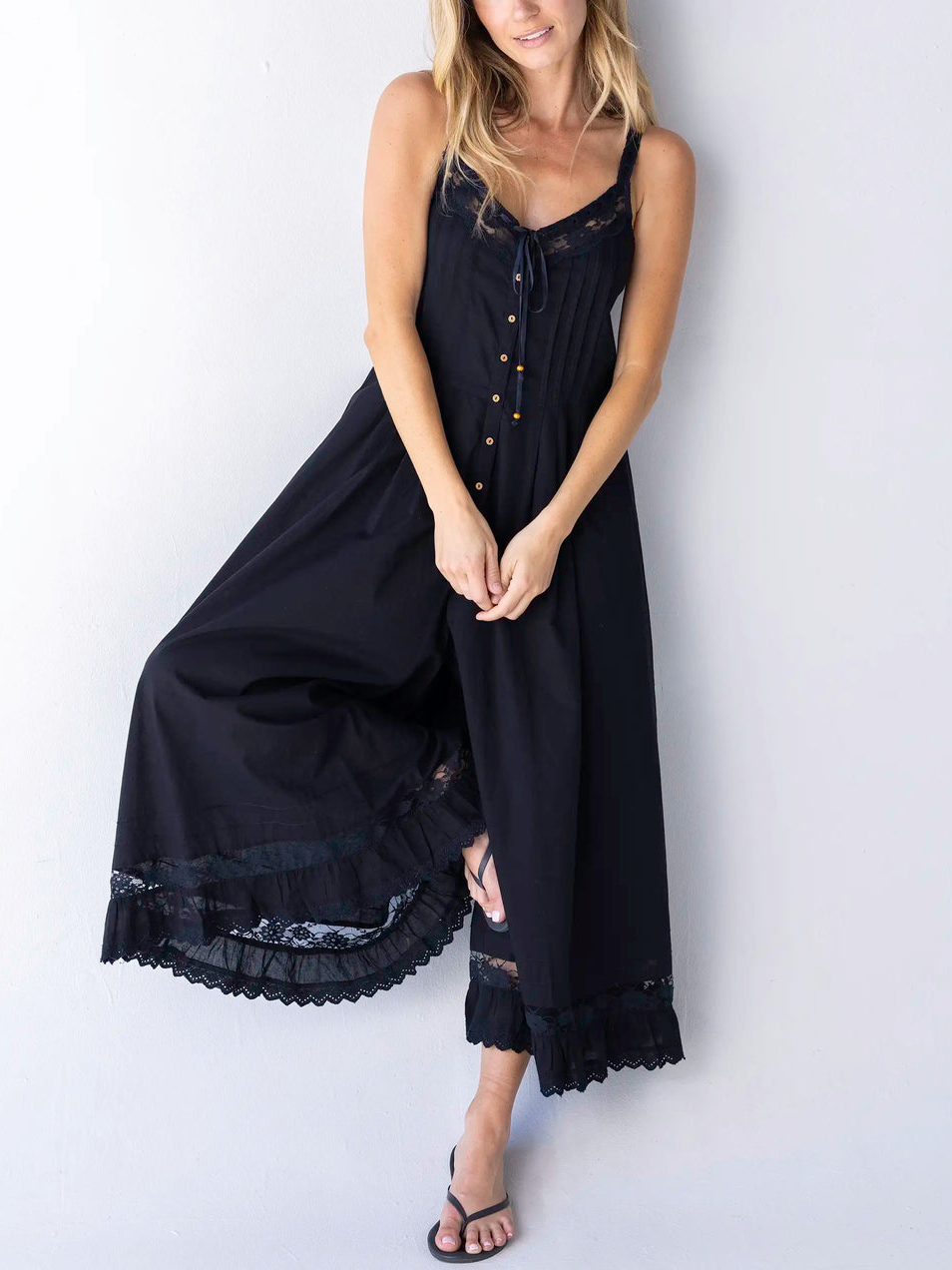 Elegant Black Lace Ruffle Hem Cami Jumpsuit