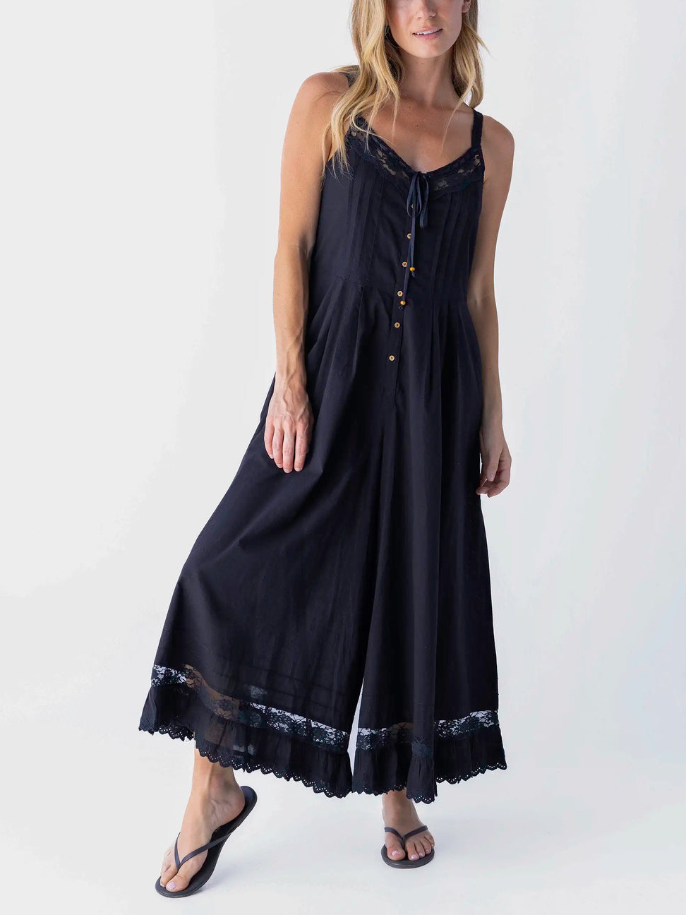 Elegant Black Lace Ruffle Hem Cami Jumpsuit