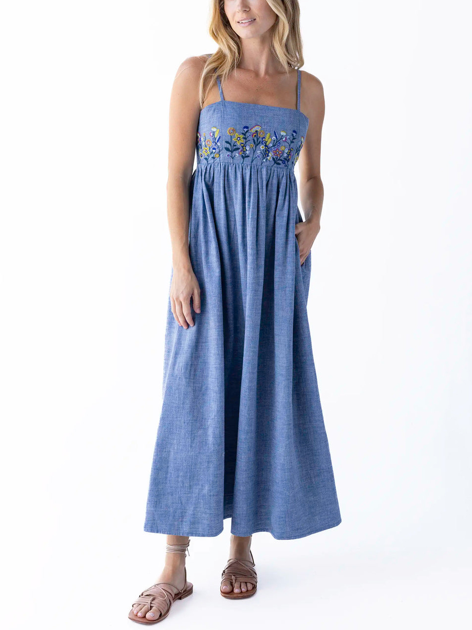 Embroidered Denim Cami Maxi Dress