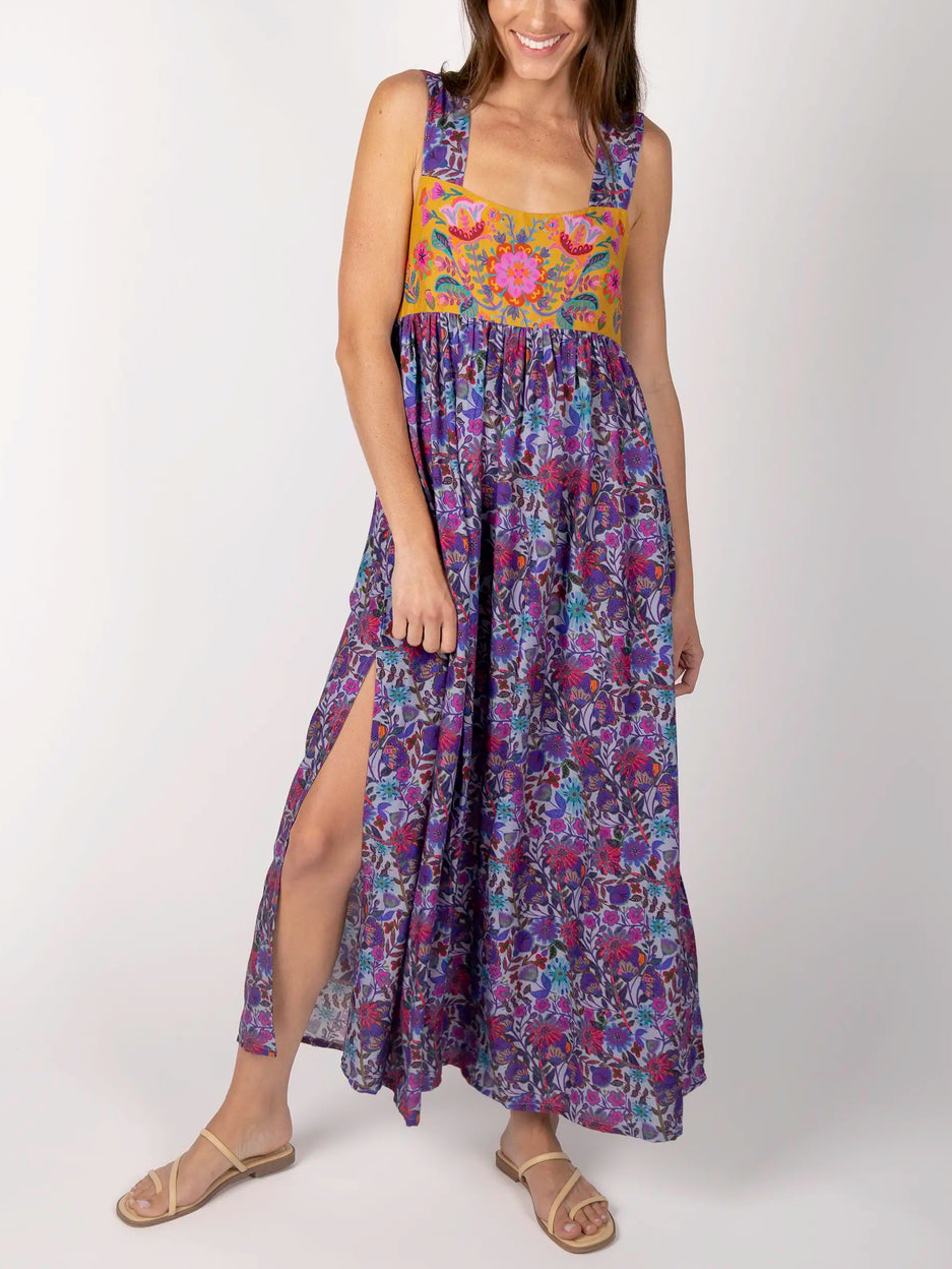 Vibrant Purple Boho Embroidery Dress with Thigh High Slit