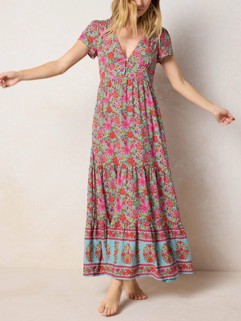 Jewel Tone Floral Tiered Maxi Dress in Mint & Fuchsia