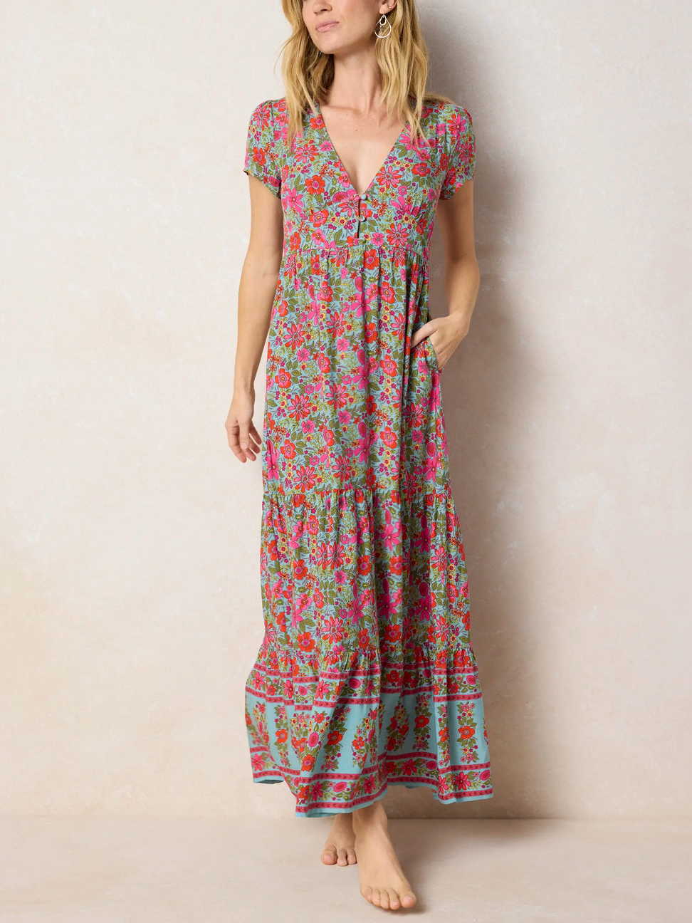 Jewel Tone Floral Tiered Maxi Dress in Mint & Fuchsia