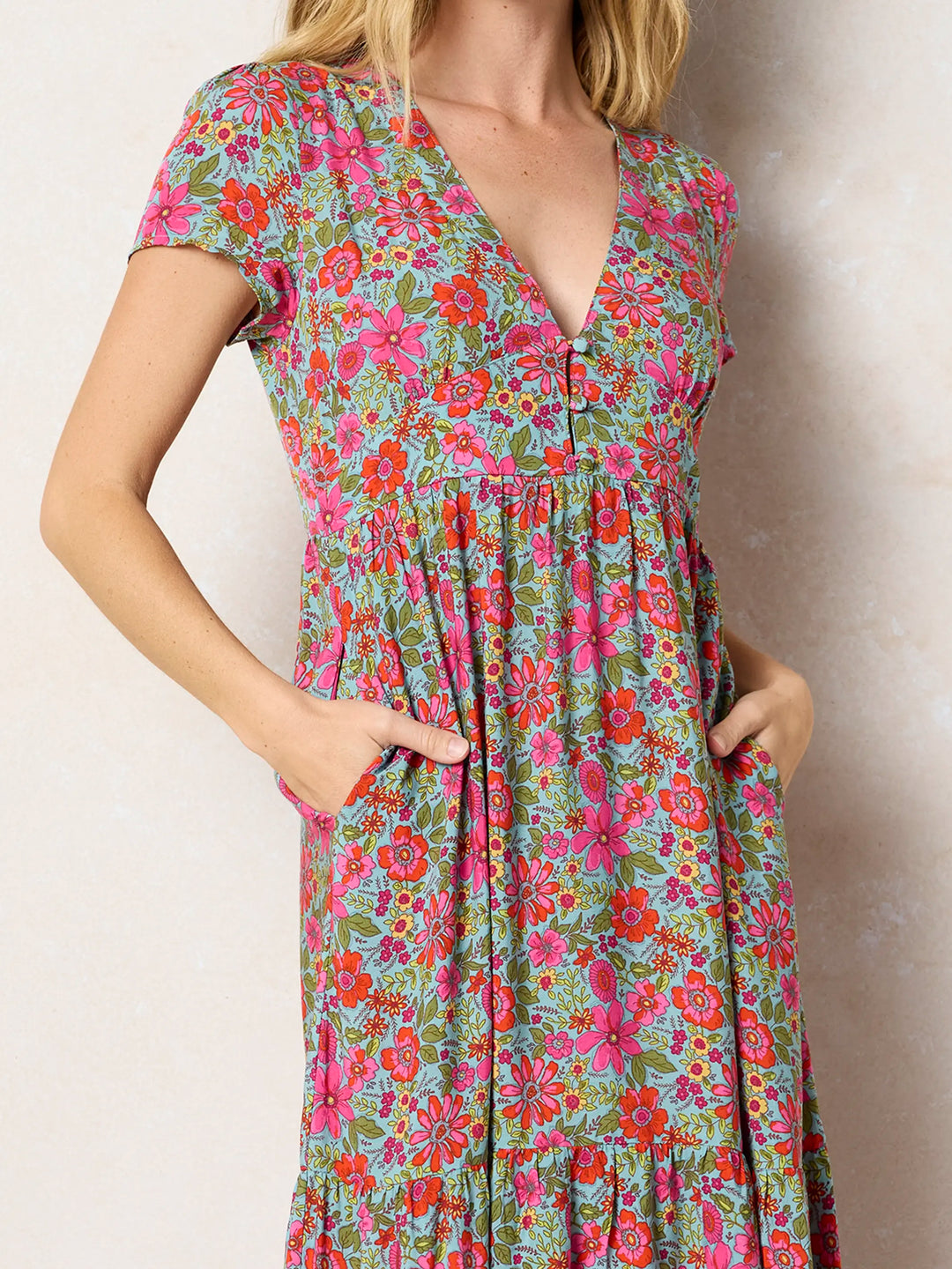 Jewel Tone Floral Tiered Maxi Dress in Mint & Fuchsia
