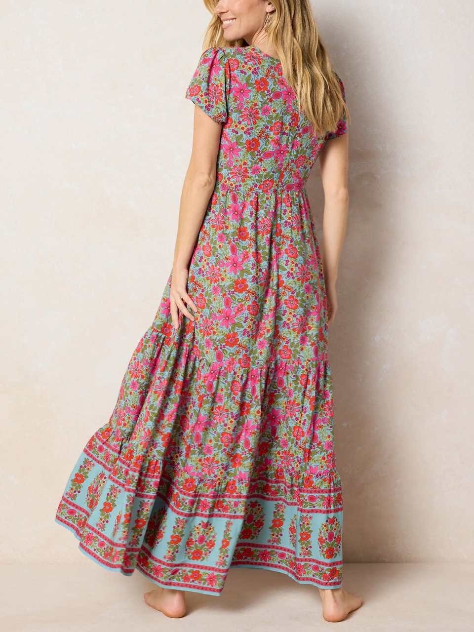 Jewel Tone Floral Tiered Maxi Dress in Mint & Fuchsia