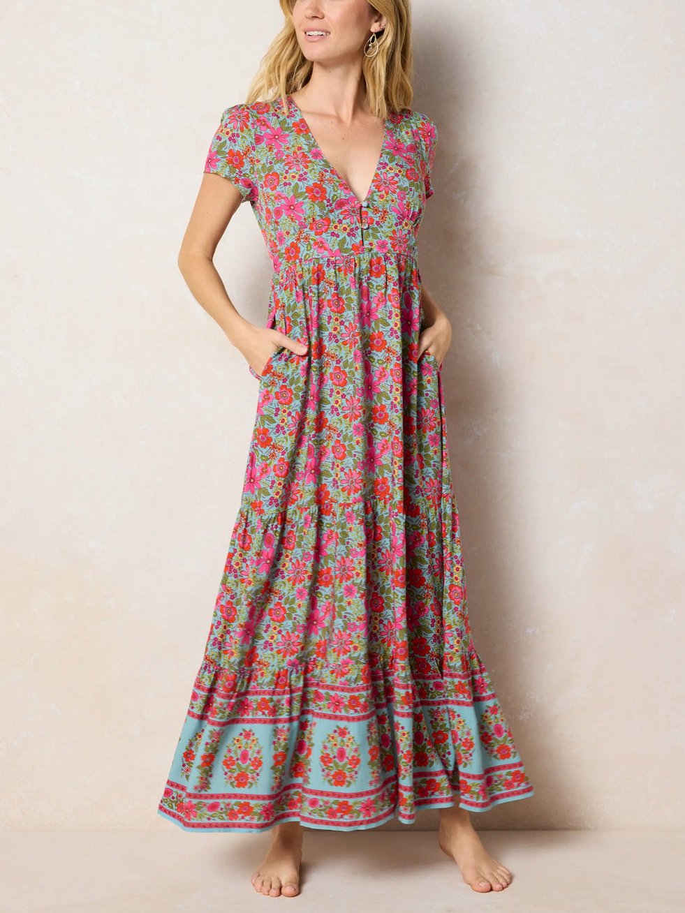 Jewel Tone Floral Tiered Maxi Dress in Mint & Fuchsia