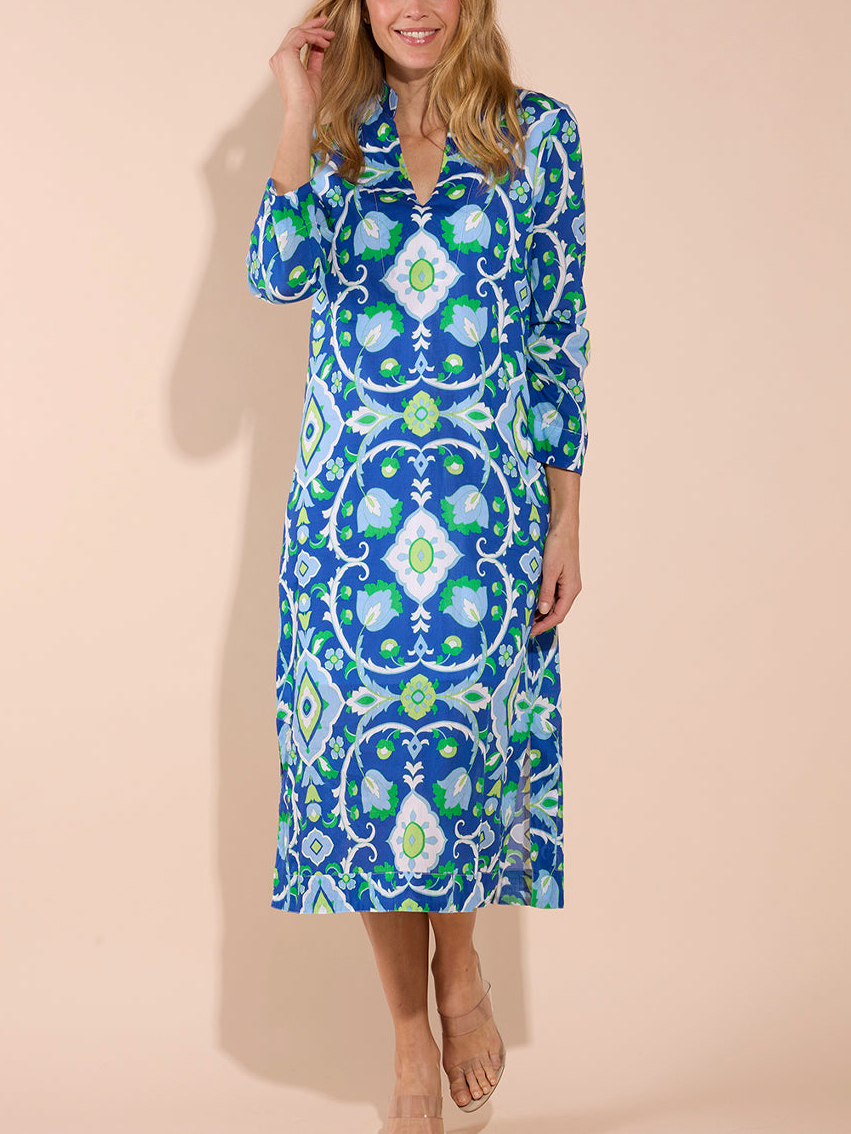 Bohemian Print V-Neck Long Sleeve Midi Dress