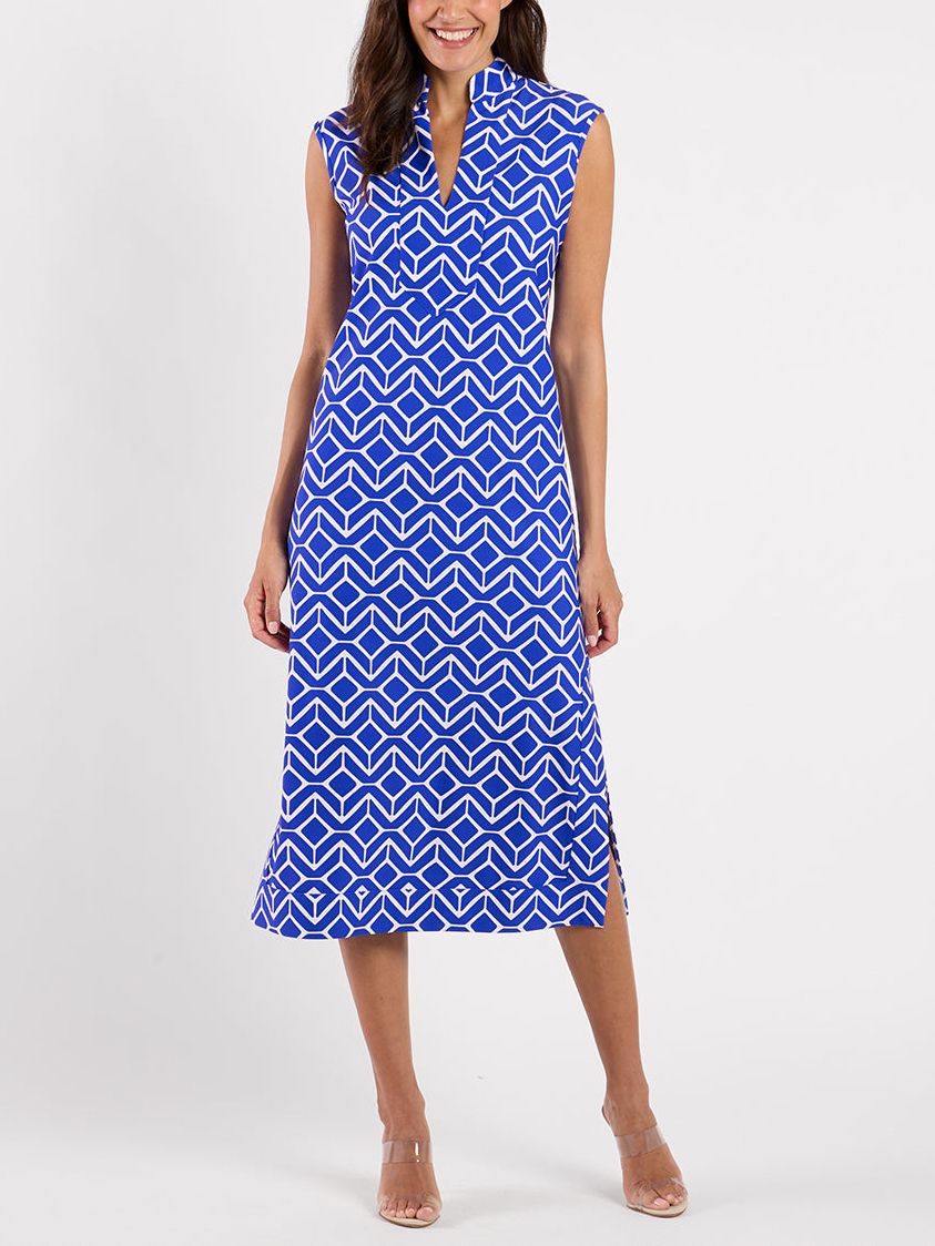 Geometric Print Sleeveless Split Neck Midi Dress