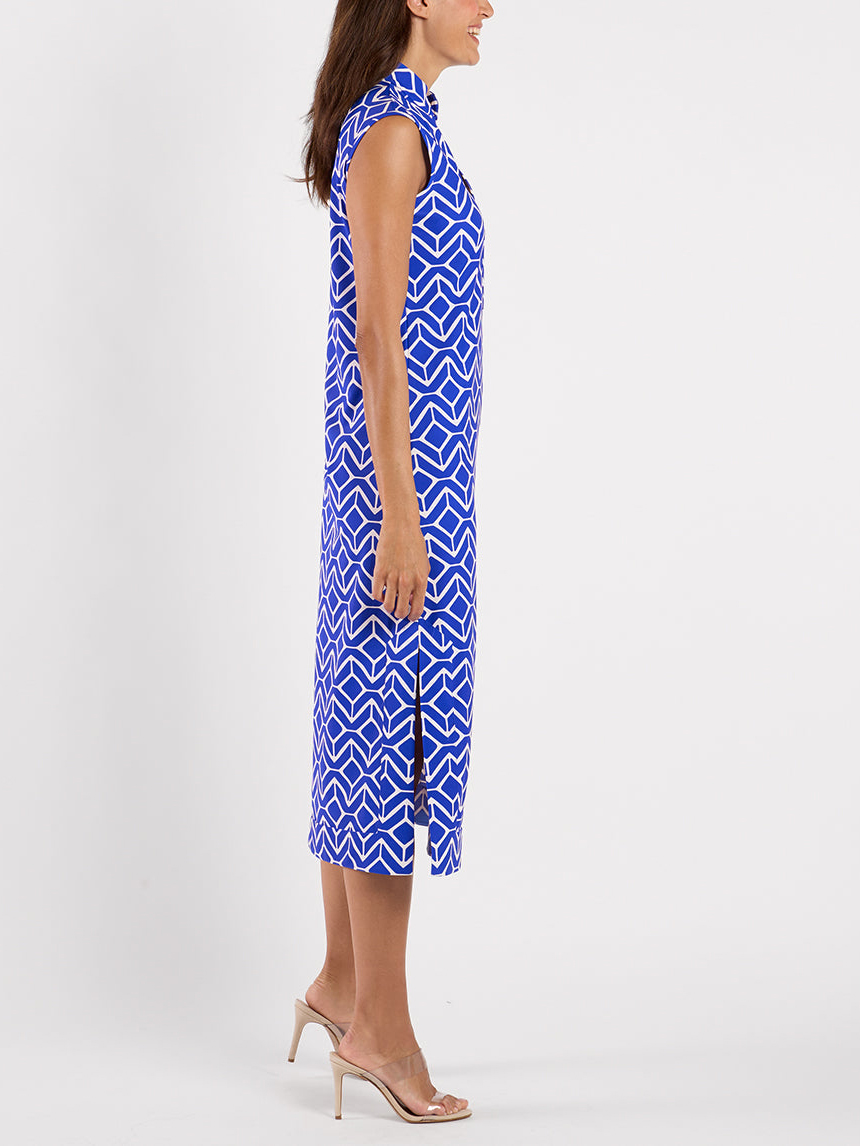 Geometric Print Sleeveless Split Neck Midi Dress