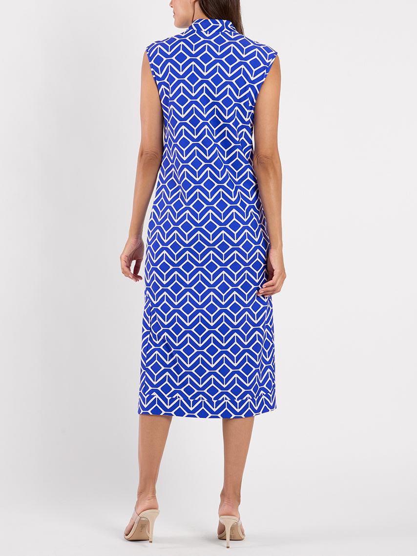 Geometric Print Sleeveless Split Neck Midi Dress