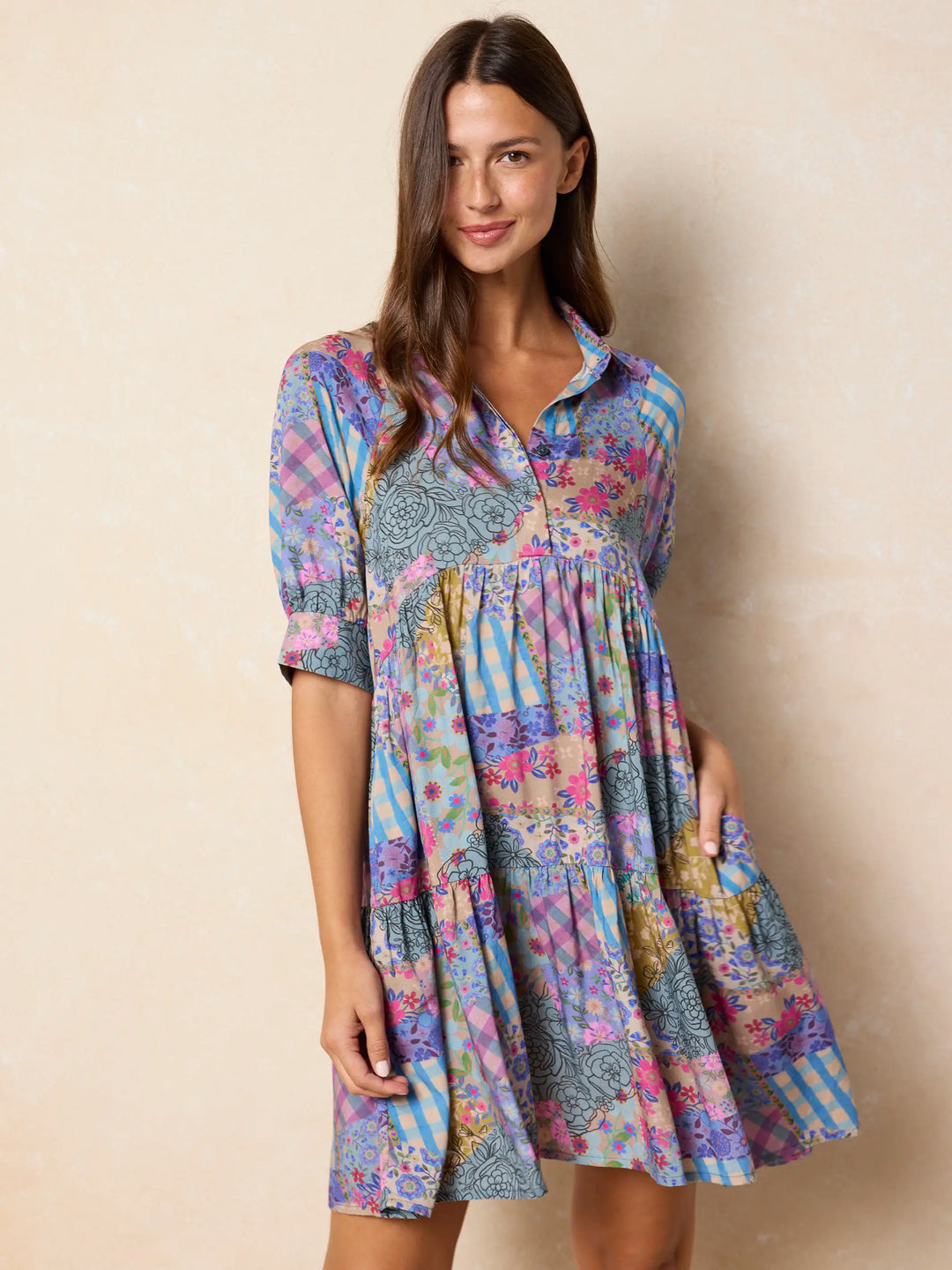 Pastel Patchwork Boho Tiered Shirt Dress