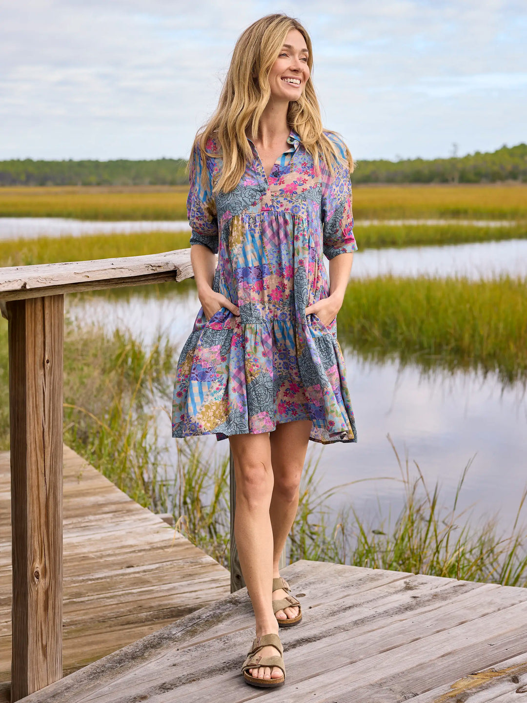 Pastel Patchwork Boho Tiered Shirt Dress