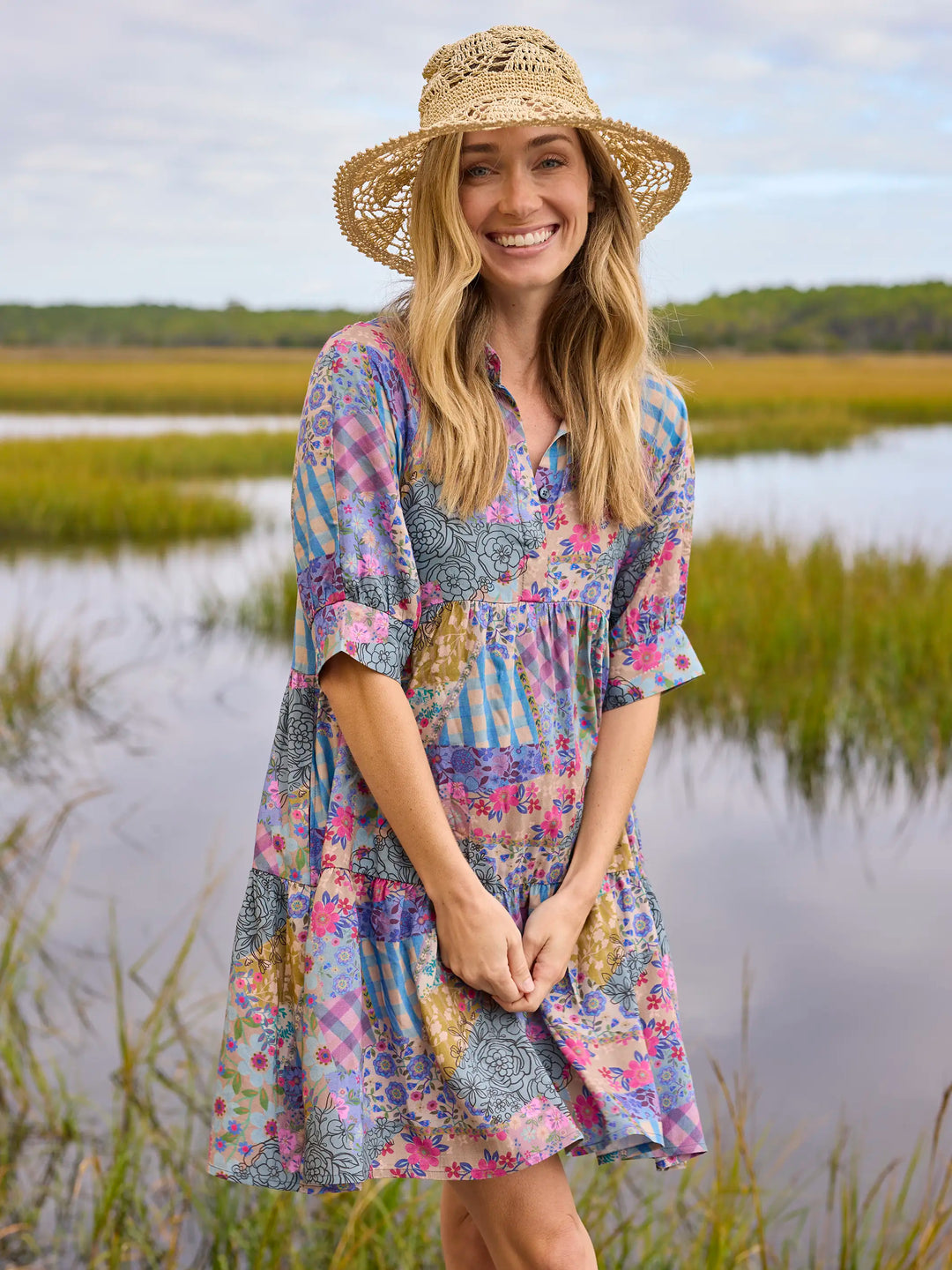 Pastel Patchwork Boho Tiered Shirt Dress